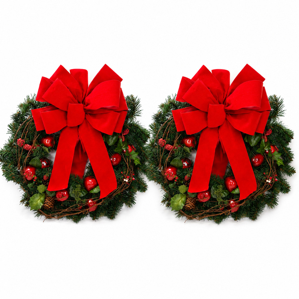 Lot of 2 Christmas Wreaths 17" Red Velvet Bow Apples Pinecones Holiday Decor